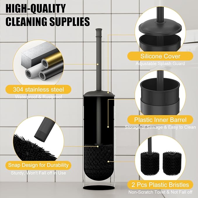 BESy Toilet Brush and Holder Toilet Cleaner Bowl Set with Two Brush with Extra Long Handle Durable Bristles Toilet Scrubber and Covered Holder Drip-Proof Stainless Steel Matte Black