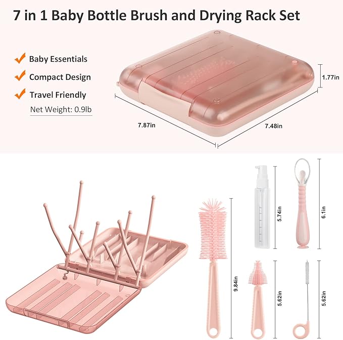 Bottle Brush Set 7 in 1 Cleaner Set with Baby Drying RackSilicone BrushStraw BrushNipple BrushSoap DispenserSpoonStorage Box Portable Essentials for Home &amp TravelPink(H-003)