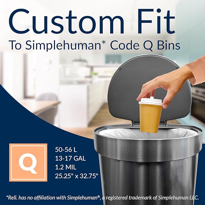 Reli. SuperFit Code Q (60 Count) | Compatible with Simplehuman Code Q | Dispenser Pack Custom Fit Liners | Drawstring Trash Bags | 50-65 Liter / 13-17 Gallon | White