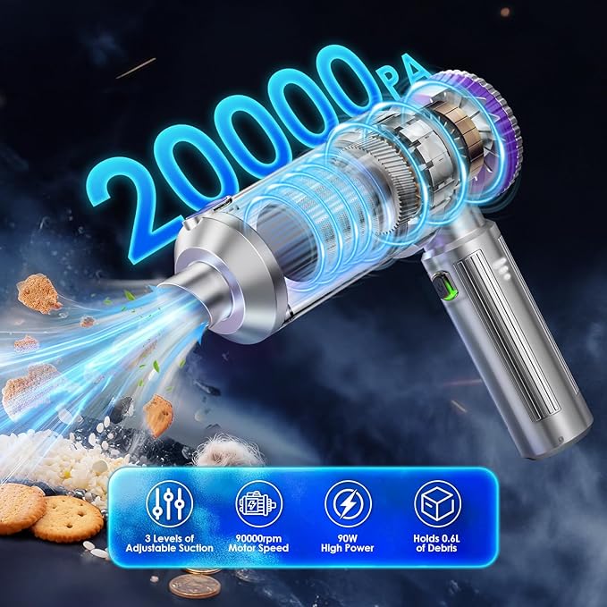 Handheld Car Vacuum Portable Cordless with 20000Pa Powerful Suction Mini Hand Held Car Vacuum/Blower with 3-Speed Adjustment 90000RPM Motor With Nozzles for Home Pet Hair Keyboard Desk