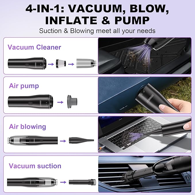 4-in-1 Mini Vacuum Cleaner Small Hand Held Vacuum Cordless Strong Suction Ultra-Quiet 60dB 0.85 lb for CarDeskDrawerHome Air Duster/Inflator/Pump USB Rechargeable Washable Filters