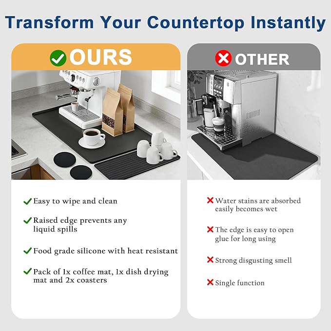 Mrcrypos Silicone Coffee Mat 16X24in Black - Non-Slip Espresso Countertop Mat Spill Proof Coffee Bar Mat for Kitchen Station with Detachable Dish Drying Mats Fit Cafes &amp Office Countertops