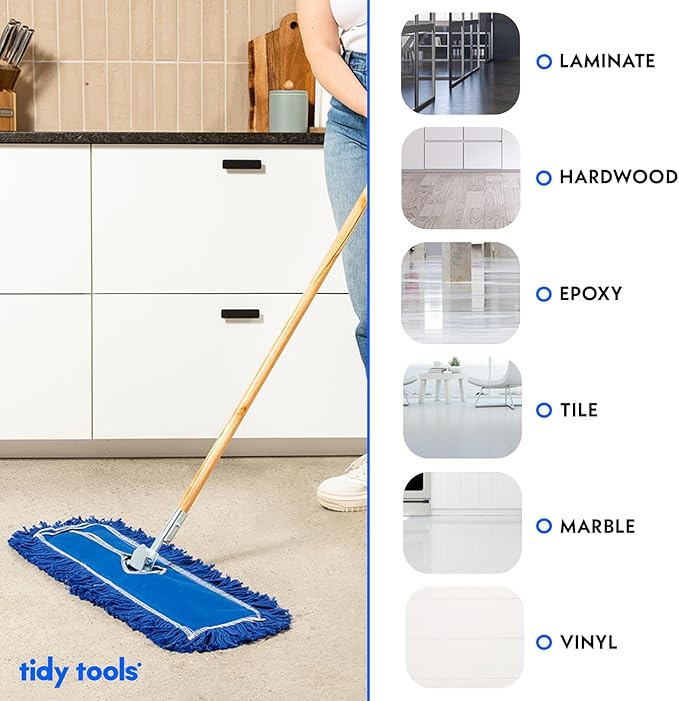 Commercial Floor Sweeper 48 in. Reusable Mop Head Wooden Handle Industrial Dry Mop for Hardwood Floors Blue