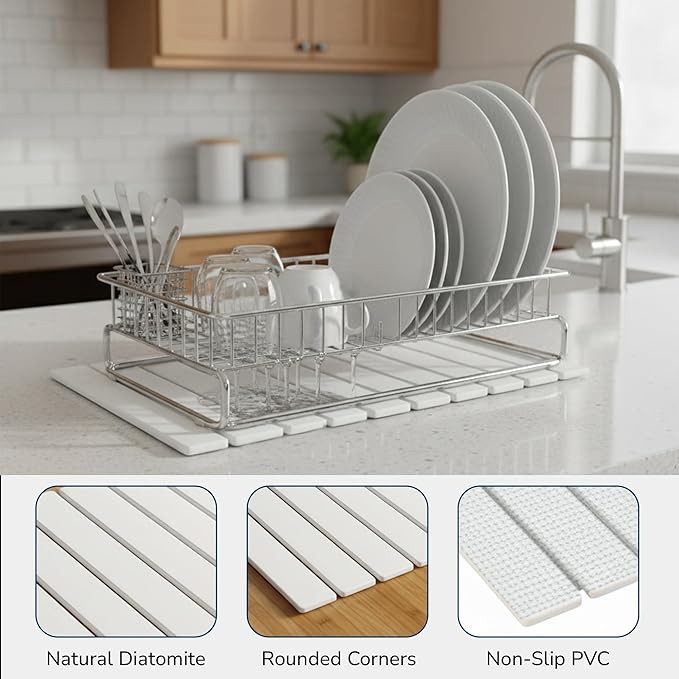 Large Stone Drying Mat 24x16 – Diatomaceous Earth Stone Dish Drying Mat Ultra-Absorbent Stone Drying Mat for Kitchen Collapsible Quick-Dry Countertop Protector for your Dishes (Snow White)