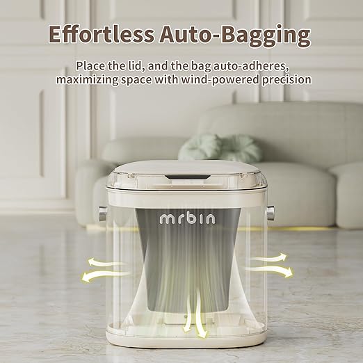 MRBIN Automatic Adsorption Metal Trash Can for Bathroom Touchless Garbage Bin with Lid 4.8 Gallon Slim Trash Can for Office and Bedroom Kitchen Electric Motion Sensor Waste Basket Cream White