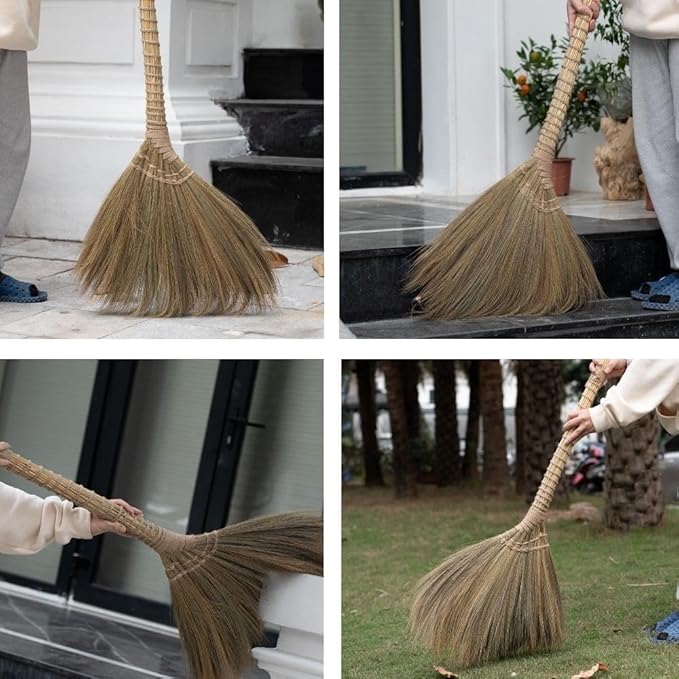 Outdoor Broom for Floor Cleaning 43.3'' Length Heavy-Duty Natural Grass Broom for Sweeping Concrete Courtyard Garage Patio Indoor Home Kitchen Office Lobby