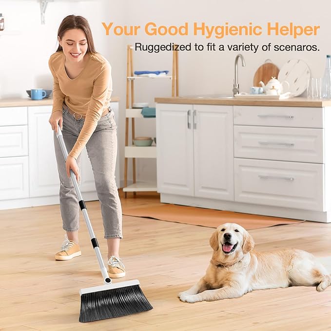 Broom with Dustpan Combo SetUOEOS One-Sweep CleanPet Hair Removal Broom with Self-Cleaning Double-Layer TeethHigh Density Broom and Windproof Dustpan for Indoor&ampOutdoor