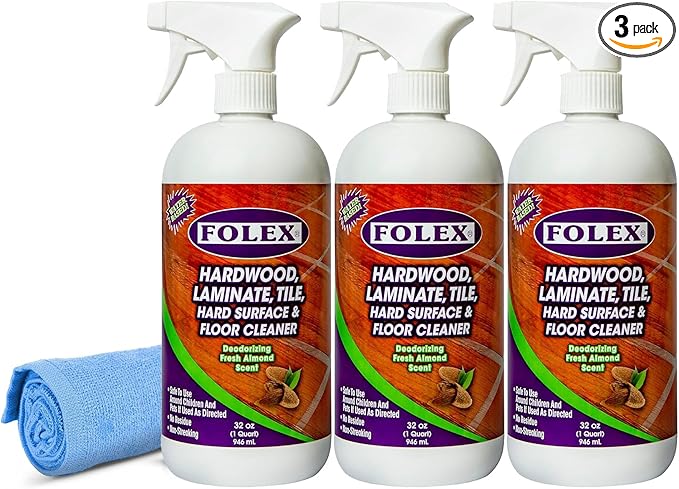 FOLEX Hardwood Laminate Tile Hard Surface &amp Floor Cleaner with Reusable Cleaning Cloth Fresh Almond Scent Residue and Streak Free - 3 Pack