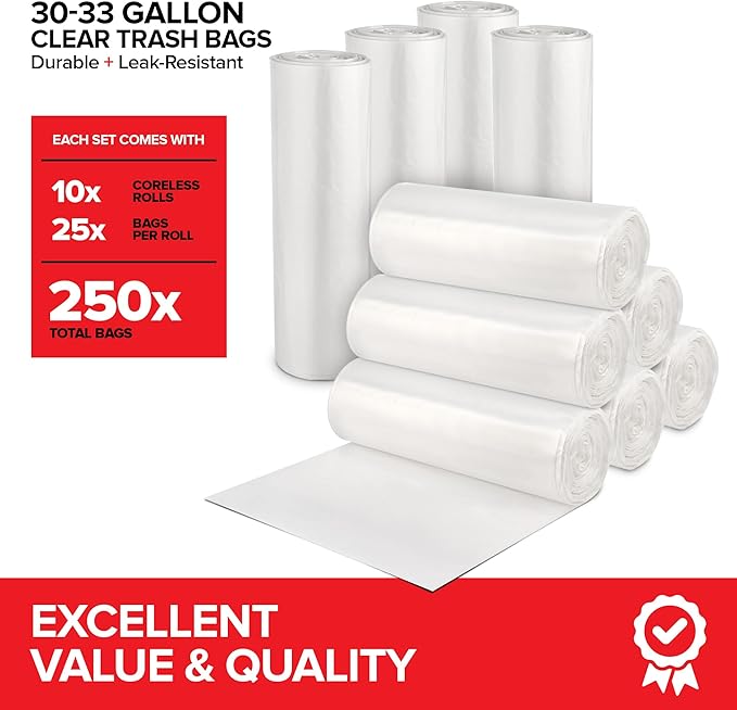 Stock Your Home Clear Trash Bags – 30-33 Gallon (250 Pack) – Disposable Leak-Resistant Garbage Can Liners for Office Bathroom Deli Produce Dog Poop Cat Litter