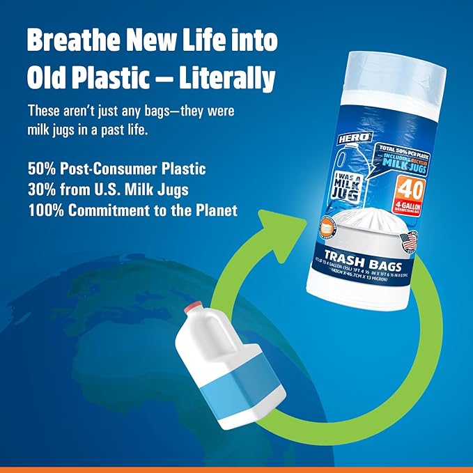 Hero I Was A Milk Jug Trash Bags 4 Gallon 320 Bag Bulk Case Recycled Bathroom Office Kitchen Small Trash Bag