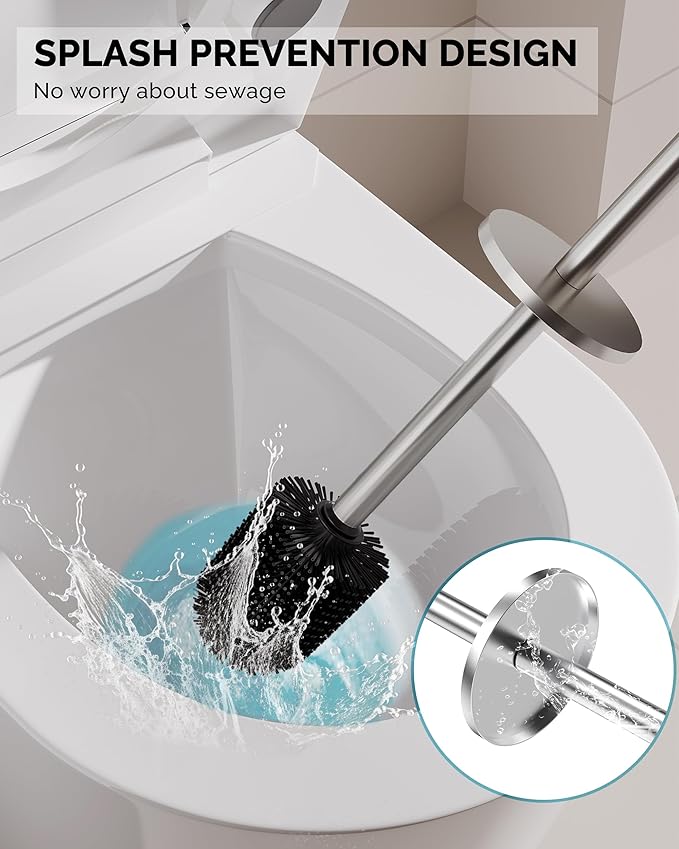 Toilet Brush and Holder Set Stainless Steel Toilet Bowl Brush with Lid Rust Proof Toilet Cleaner Brush with Caddy Durable Bristles Splash Proof Ideal for Bathroom (1 Pack Brushed Nickel)