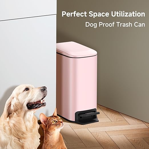 TIPGO Slim Bathroom Trash Can with Lid Soft Close 6 Liter / 1.6 Gallon Stainless Steel Garbage with Removable Inner Bucket Small Trash Bins for Bedroom Office (Pink)