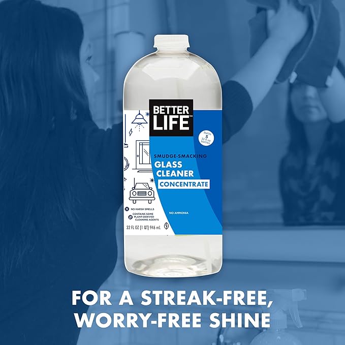 BETTER LIFE Glass Cleaner Concentrate - Streak-Free Window Cleaner for Home Kitchen Bathroom Shower Car - Works on Glass Windows Mirrors Light Fixtures - 32oz Unscented