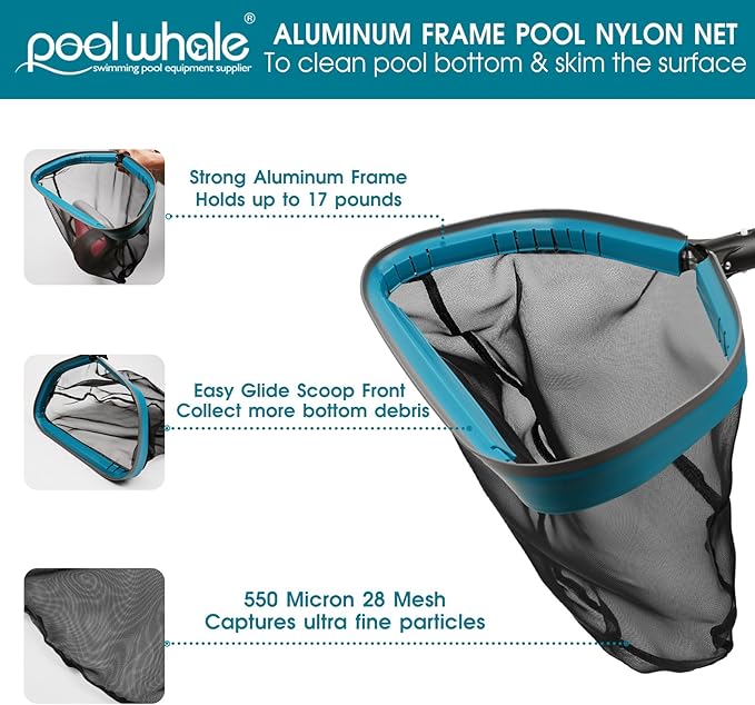 Swimming Pool Cleaning Kit - Aluminum Frame Skimmer Net with 10Ft Adjustable Pole &amp 17.5” Pool Brush Head Pools Maintenance Kits for Inground &amp Above Ground Swimming Pools Removes Debris