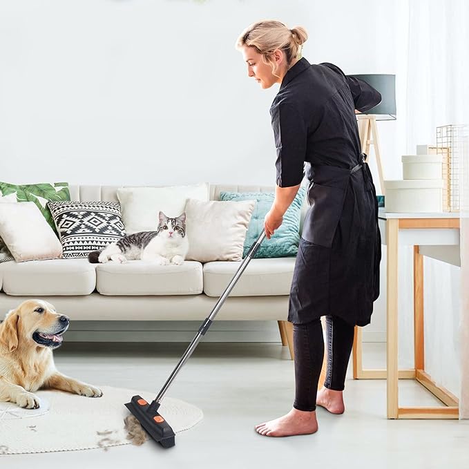 LandHope Carpet Rake for Pet Hair Remover Long Handle with Squeegee Rubber Broom Carpet Brush Non Scratch Bristles Fur Remover Indoor Outdoor Push Broom for Cat Dog Hair Hardwood Tile Windows Clean
