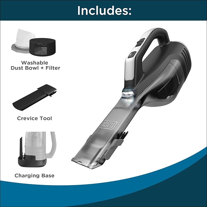 BLACK+DECKER Dustbuster Reveal Handheld Vacuum Cordless Car Vacuum Portable Cordless LED Light Long Run Time Rechargeable Lightweight Dust Buster Includes Crevice Tool Charging Base (HLVD320B42)