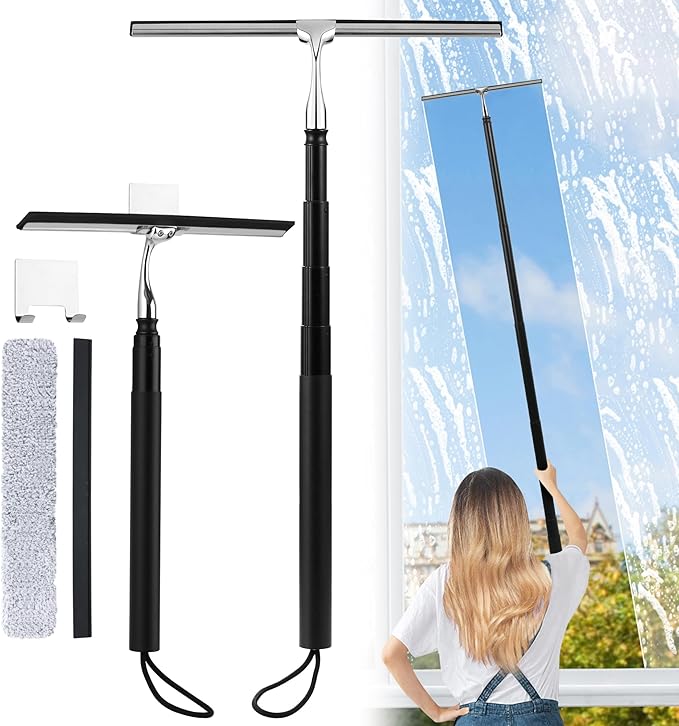 2 in 1 Window Squeegee Shower Squeegee Window Cleaning Kit with Extension Pole Long Handle Squeegee for Shower Glass Floor Bathroom Home Outdoor 12 inch Wide Black