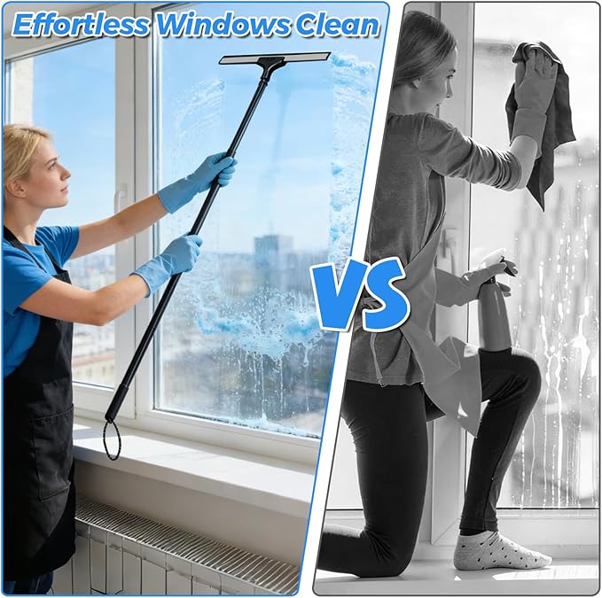 Window Squeegee for Home 2 in 1 Window Washing kit with 57 Extension Pole Telescopic Shower Door Cleaner Tool Car Windshield Cleaning Long Handle for Glass Doors Floor Tile Wall 14 inch Wide