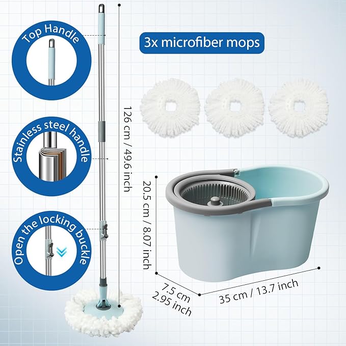 Spin Mop and Bucket Mop and Bucket with Wringer Set for Home 360 Spinning Mop Bucket Floor Cleaning Tool with 3 Microfiber Mop Replacement Head Refills50 Extended Handle for Floor Cleaning Home