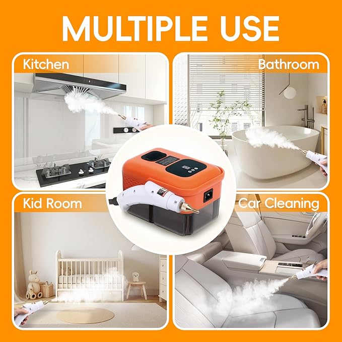 Heavy Duty Handheld Steam Cleaner 15s Heat-Up 9-Level Adjustable 2500W Pressurized Steamer for Cleaning with 14 Accessories Multipurpose Portable Steam Cleanr for Home Car Grease Grout（Orange）