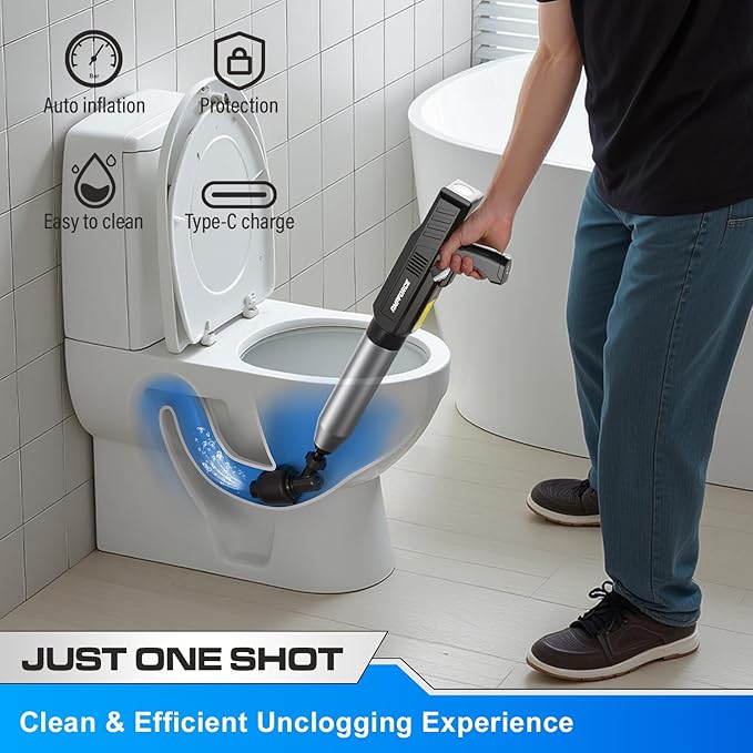 ‌Electric Toilet Plunger for Bathroom High-Pressure Air Plunger Heavy-Duty Clog Remover for Toilets Toilet Drain Unclogger (Ink Black)