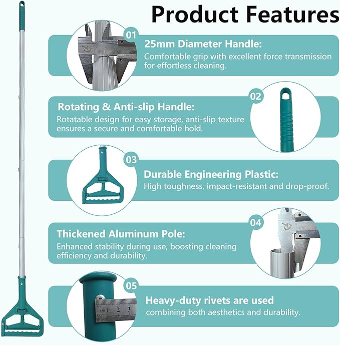 mop Holder Replacement mop Stick mop Handle Commercial Industrial mop Handle Suitable for Cotton and Fiber mop Heads with Threaded Clamping Device Aluminum Handle palo para trapeador
