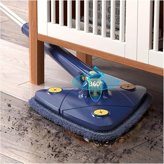 Triangle Cleaning Mop Telescopic 360° Rotatable Adjustable Microfiber with 4 Pads Floor Household Ceiling(Blue-1pc-cloth)