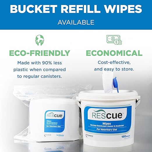 REScue One-Step Disinfectant Cleaner &amp Deodorizer Wipes for Vet Use – Cleaner for Kennels Litter Boxes Vet Offices Pet Grooming Surfaces – Extra Large 160-Count Wipes Bucket (4 Pack)