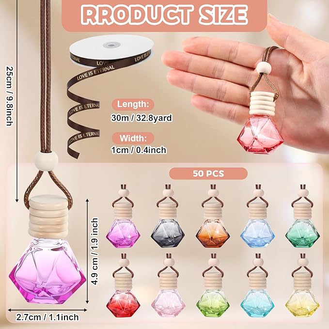 Mudder 50 Pcs Gradient Hanging Car Air Freshener Empty Clear Glass Diffuser Bottles for Essential Oils Perfume Pendant for Women Guests Wedding Favors Employee Appreciation Gifts(RhombusColorful)