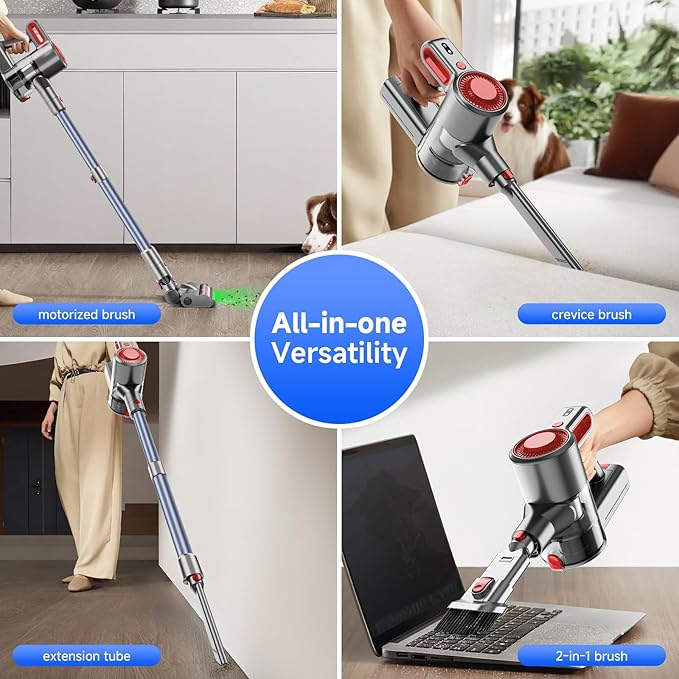 Cordless Vacuum Cleaner for Home Powerful Stick Vacuum with Rechargeable Battery Green Light Anti-Tangle Brush 6-in-1 Lightweight Handheld Vacuum for Pet Hair Hard Floor Carpet Red