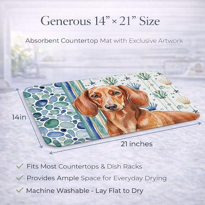 Caroline's Treasures Red Brown Dachshund Coastal Sea Glass Dish Drying Mat Absorbent Dish Drying Mat Pad for Kitchen Counter Dish Drainer Mat for Countertop 14 x 21 Multicolor
