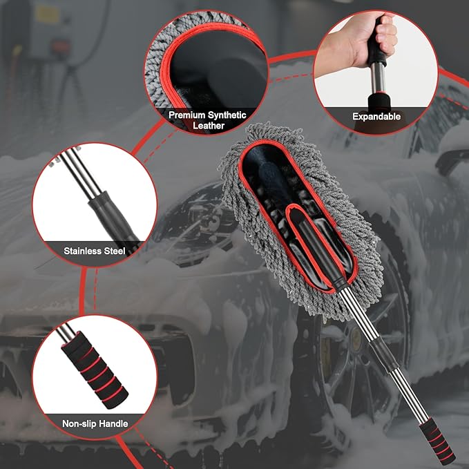 Car Duster Exterior Scratch FreeMicrofiber Car Duster with Extendable Handle with 3PCS Detailing Brush Exterior Interior Multipurpose for SUVTruckRV