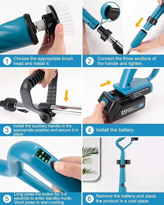 Updated 1500 RPM Battery Electric Spin Scrubber with Handle 8 Replaceable Shower Scrubber &amp 2 Battery Powered Cleaning Brush with Display 3 Speed &amp Adjustable Handle Cordless Power Scrubber f