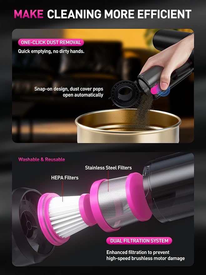 Mini Car Vacuum Portable Cordless with LED Light 15000PA Powerful Suction 80W High Power One-Click Empty Dual Hepa Filter Car Vacuum Cleaner &amp Air Duster for Home Desk PC Keyboard