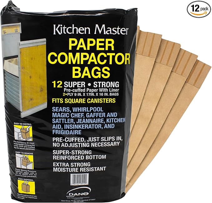 Kitchen Master Super Strong Compactor Bags (12 Pack) | Precuffed Garbage Compactor Bags Kitchen Liner Paper Trash Bin Press Kitchen Essential Paper Garbage Press Liner