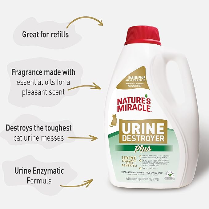 Nature’s Miracle Urine Destroyer Plus for Cats Enzymatic Formula Tough on Strong Cat Urine And The Yellow Sticky Residue 1 Gal