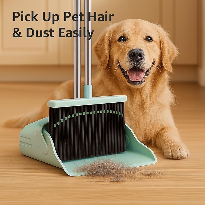 Broom and Dustpan Set – Heavy-Duty Broom and Dustpan for Home Cleaning Tool Dustpan and Broom with Handle Outdoor Broom and Dustpan Set • Your Home Essentials (Green)