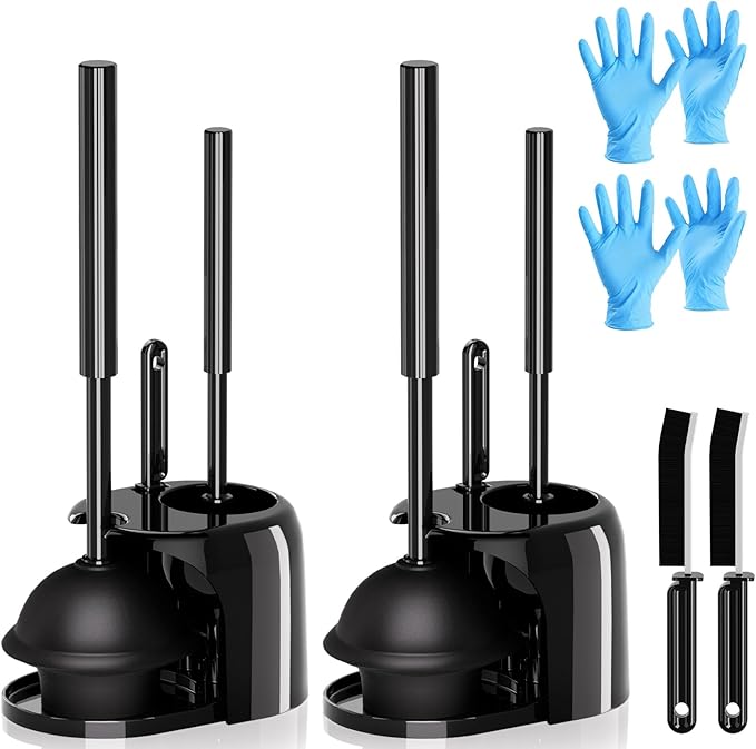 2 Pack 4 in 1 Toilet Brush and Plunger Set with Crevice Cleaning Brush Toilet Plunger and Brush Set with Extra Long Handle Plungers for Bathroom Accessories Toilet Plunger with Holder Black Pack