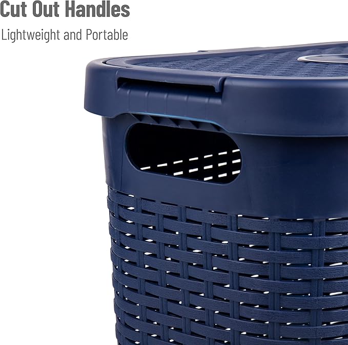 Mind Reader Slim Laundry Hamper with Lid 40L Clothes Basket Narrow Tapered Design with Ventilated Cutout Pattern Plastic Navy