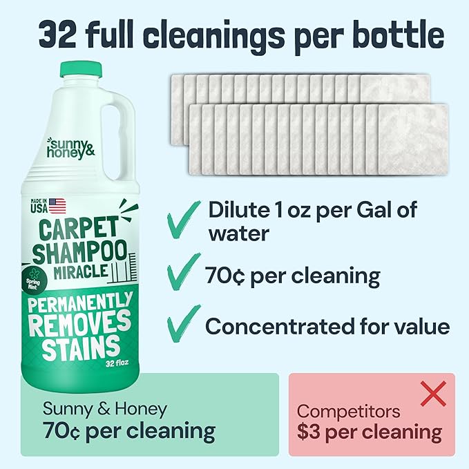Sunny &amp Honey Heavy Duty Carpet Cleaner Solution for Machines - Powerful Stain and Surface Odor Eliminator For New and Deep-set Pet Messes - For Rugs Couches and Upholstery (32fl oz Spring Mint)