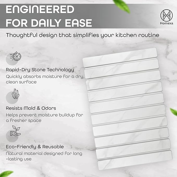 Large Stone Dish Drying Mat 24 x 16 – Quick Dry Diatomaceous Bath &amp Kitchen Mat with Non-Slip Base – Modern Absorbent Drying Pad for Plates Glassware &amp Bottles (Marbled White)