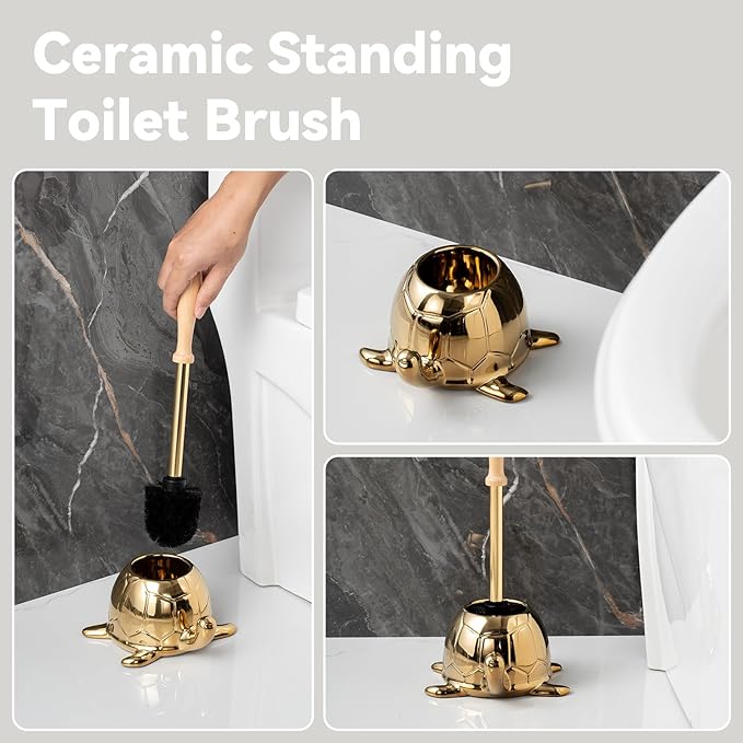 Turtle Base Toilet Brush Set - Gold Ceramic Toilet Scrubber Brush 7.5” Bowl Cleaner with Ergonomic Handle Mini Cute Bathroom Cleaning Brush - Bathroom Decor