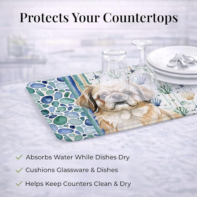 Caroline's Treasures Fawn Pekingese Coastal Sea Glass Dish Drying Mat Absorbent Dish Drying Mat Pad for Kitchen Counter Dish Drainer Mat for Countertop 14 x 21 Multicolor