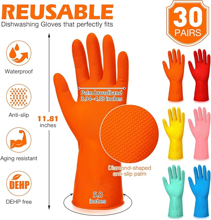 Sawysine 30 Pairs Rubber Gloves for Dishwashing Reusable Household Cleaning Gloves for Kitchen Washing Supplies