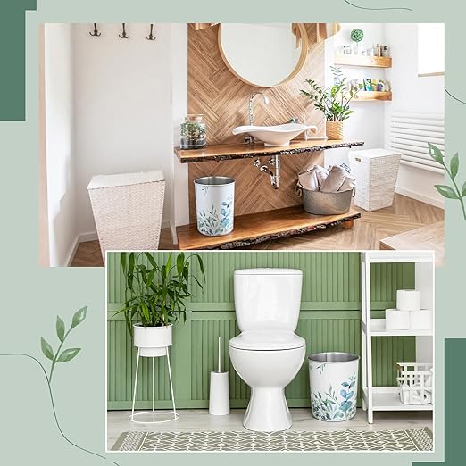 LemonRoad 2 Pack Eucalyptus Leaves Wastebasket Metal Trash Can Small Decorative Garbage Can for Bedroom Bathroom Nursery Daycare Kitchen Laundry Room Offices Home 1.50 Gallons 7.7 x 7.7 x 9.4 Inches
