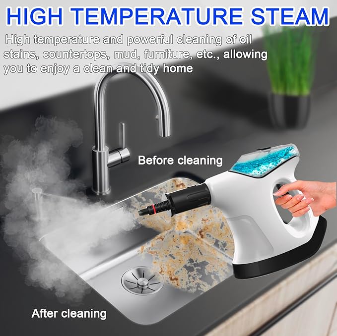 Handheld Steam Cleaner for Home 10S Immediate Heat Hand Held Steam Cleaner with Visualized Large Water Tank &amp 9 PCS Accessories &amp Safety Lock for KitchenCouchFloorWindowCar (WHITE+BLACK