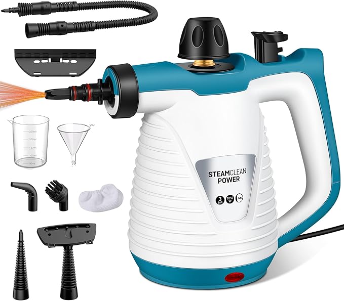 LanAqua Handheld Steam Cleaner with 9 Accessories Pressurized Handheld Multi-Surface Natural Steam Cleaner for Home Multi-Purpose Portable Steamer for Cleaning Floor Upholstery Grout and Car
