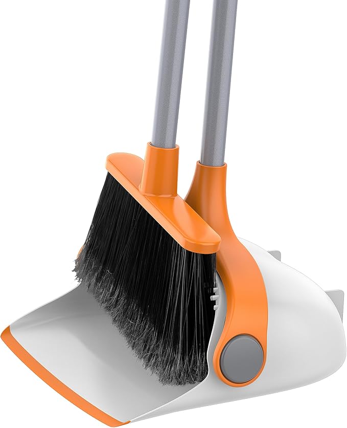 MR.SIGA Broom and Dustpan Set with Long Handle Stand Upright Broom with Dustpan Combo for Cleaning Office Garage Lobby Lightweight Sweeping Set 51.7(131 cm) Long Handle White &amp Orange