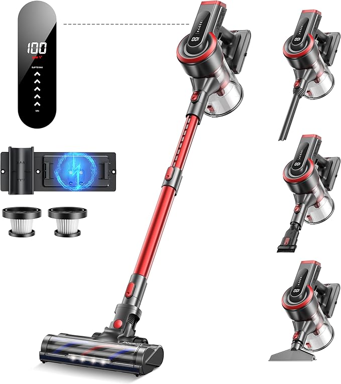 Cordless Vacuum Cleaner 450W 40KPA Up to 55 Mins Cordless Stick Vacuum Cleaner with Charging Station LED Touch Display Anti-Tangle Handheld Vacuum Cleaners for Home/Pet Hair/Carpets/Floors