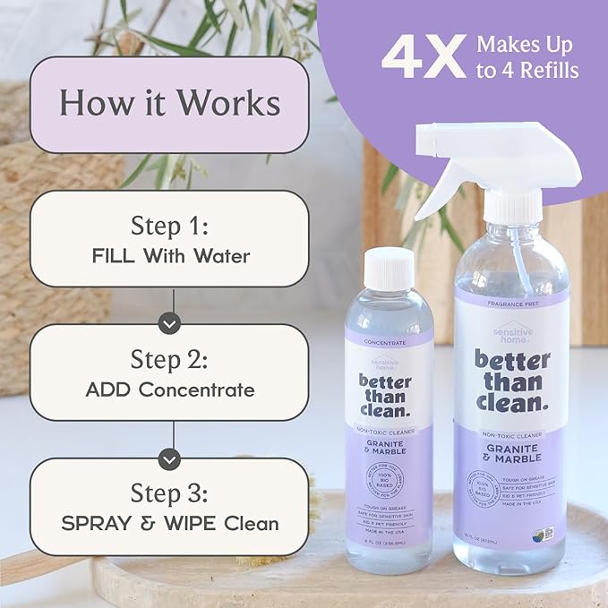 Marble &amp Granite Cleaner Starter Pack - Plant-Based Natural Stone Cleaner for Countertops Showers Floors &amp More - Suitable for Sensitive Skin Fragrance Free Kids &amp Pet-Friendly
